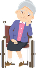 Sad Senior Woman in Wheelchair: A poignant illustration of an elderly woman, seated in a wheelchair, her face etched with worry, perhaps contemplating life's challenges or loneliness. 
