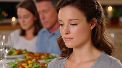 Family Sitting Apart at Dinner with Young Woman Looking Contemplative in a Tense Atmosphere