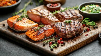 A rustic wooden board featuring an assortment of grilled steaks, including salmon, pork, and beef, garnished with fresh herbs and surrounded by colorful condiments.