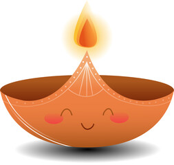 Cartoon diya lamp is glowing with rosy face, white dots, casting shadow with transparent background