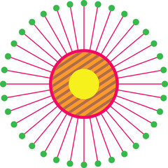 Showing sunburst floating on transparent bg with yellow disk, orange ring, pink lines, green dots