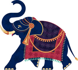 Flat design elephant is facing left on transparent backdrop with tusks tipped gold, beaded tassels