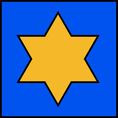 Flat design yellow hexagram is floating on blue square with black outline on transparent background