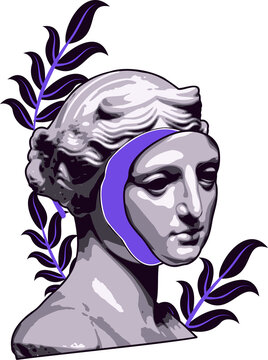 Classical bust is floating on transparent background in vector art with purple crescent and leaves