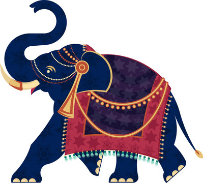 Fototapeta Flat design elephant is facing left on transparent backdrop with tusks tipped gold, beaded tassels