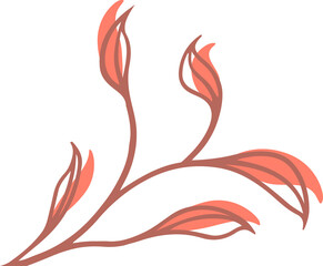 Stylized botanical branching vine is showing coral leaves, flat design on transparent background
