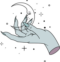 Fototapeta premium Hand is holding crescent moon face in flat design with stars, transparent background, copy space