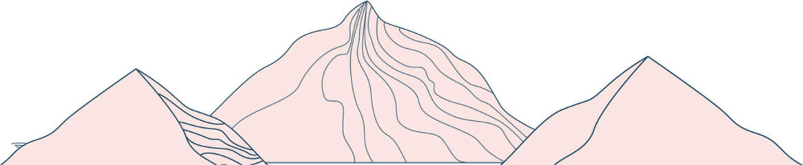 Flat geometric mountain forms are floating on clear bg showing pastel peaks, dark-blue contours