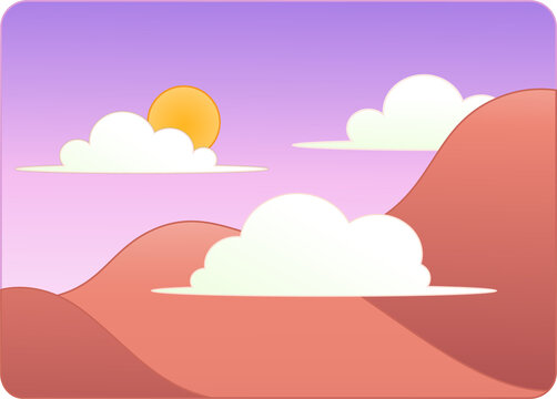 Fototapeta Showing flat red-orange hills with clouds, golden sun under pastel sky, transparent background