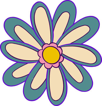 Fototapeta Flat vector daisy is showing cream teal petals around pink-yellow center on transparent background