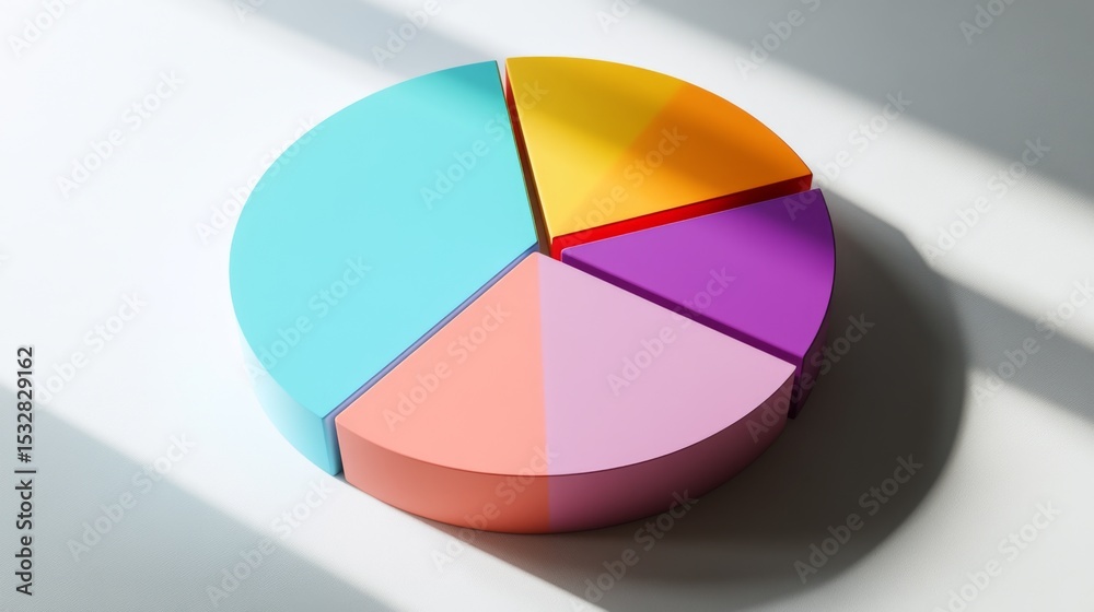 Aufkleber a segmented d pie chart with vibrant, pastel-colored slices, casting realistic shadows on a white ba