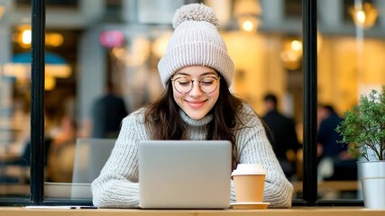 Young woman in cozy knit hat, sweater, and glasses smiling at cafe table while working on laptop with coffee cup, enjoying winter in casual, relaxed atmosphere, creating warm and inviting scene - Powered by Adobe