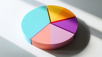 Obraz premium A segmented D pie chart with vibrant, pastel-colored slices, casting realistic shadows on a white base, ideal for a modern data display