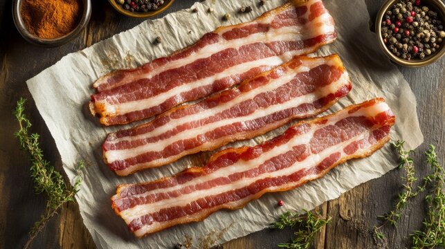 A scenic view of bacon strips laid out on parchment paper, ready for cooking, with herbs and spices nearby, emphasizing the preparation process and fresh ingredients
