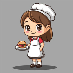Adorable Cartoon Chef Girl Presenting a Burger