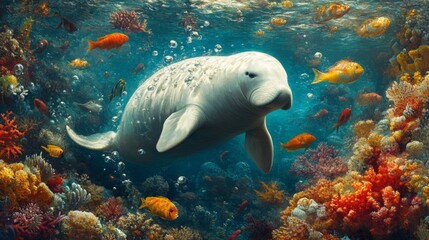 A serene image of a dugong swimming alongside a vibrant coral reef, with various marine creatures cohabiting, showcasing the beauty of underwater life.