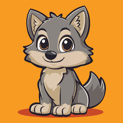 Adorable Cartoon Wolf Pup Sitting Big Eyes Happy Expression