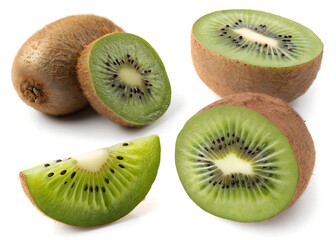 Fototapeta premium A versatile set of kiwi photos in various forms: whole fruit, sliced, cross-section with seed detail