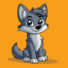 Adorable Cartoon Wolf Pup with Big Eyes Sitting