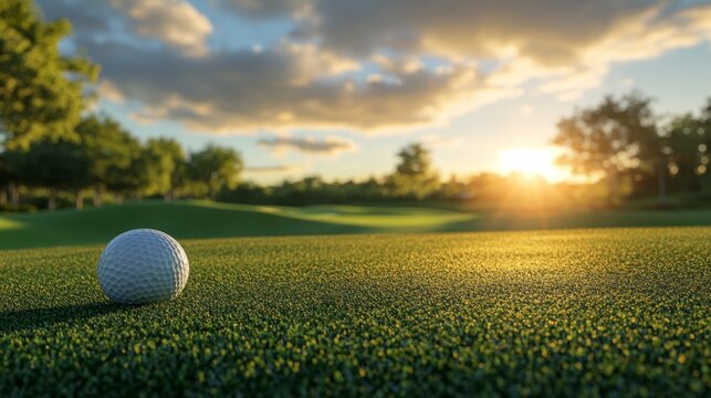 A serene image of a golf ball positioned on the edge of a putting green, with a beautiful landscape in the background, inviting viewers into the game