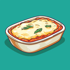 Baked Lasagna in Ceramic Dish with Melted Cheese and Basil Leaves