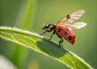 Ladybug rests on a green leaf under sunlight in a vibrant natural setting during springtime