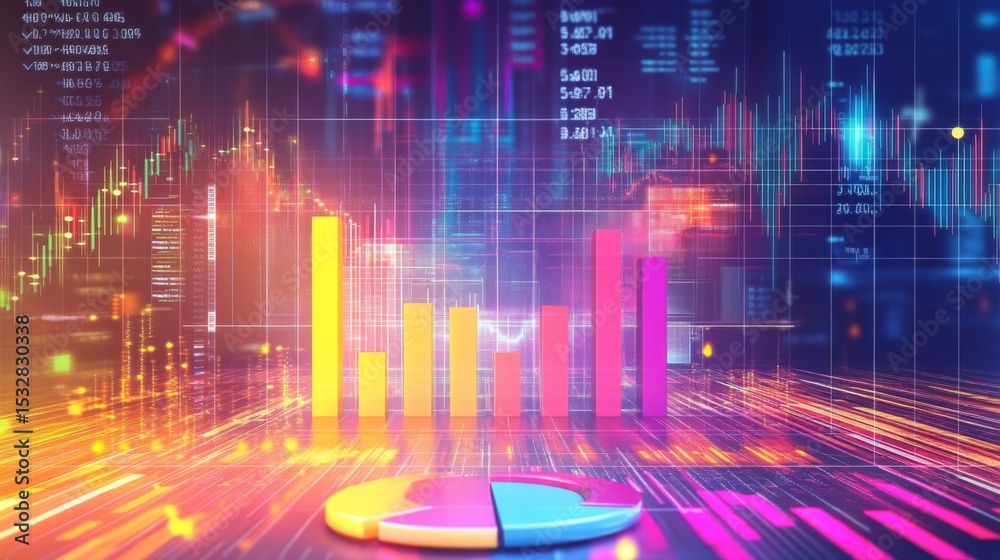 Aufkleber A set of bar and pie charts displaying financial performance metrics, surrounded by stock symbols and futuristic data overlays.
