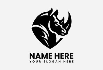Strong black silhouette vector logo of a charging rhinoceros with large horn for wildlife protection awareness