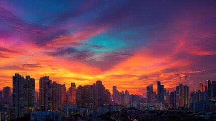 Fototapeta premium Vibrant Cityscape Sunset: A Breathtaking Panorama of Urban Skyline at Dusk