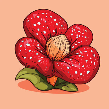 Cartoon Rafflesia Flower with White Spots and Green Leaves Illustration