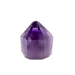 Purple amethyst crystal gemstone on white background
