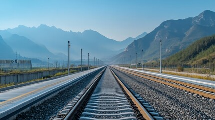 A shot of the high-speed train's tracks stretching into the distance, framed by scenic mountains and clear skies, symbolizing modern travel.