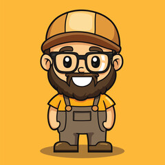 Fototapeta premium Cheerful Cartoon Bearded Man in Overalls and Cap