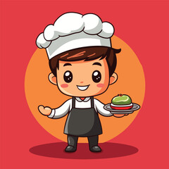 Cheerful Cartoon Chef Boy Presenting a Green Dessert