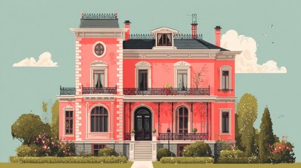 Elegant Pink Mansion Illustration