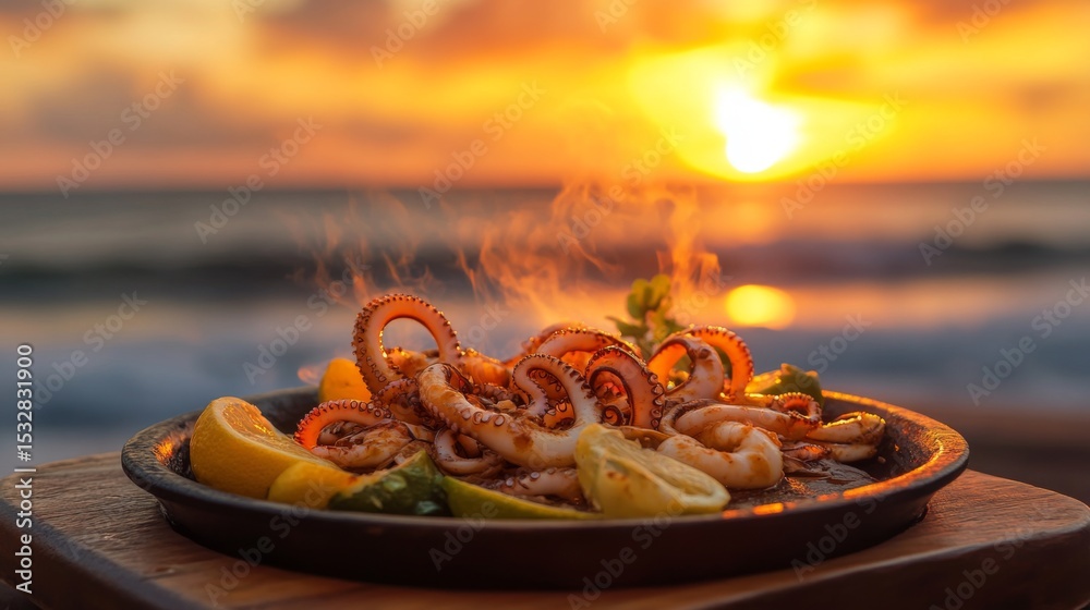 Poster a sizzling platter of squid being served at a seaside restaurant, with waves crashing in the backgro