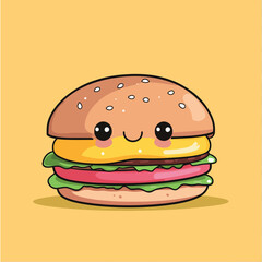 Cheerful Cartoon Hamburger with Sesame Seed Bun