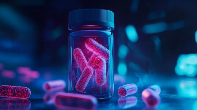 Glowing Antibiotic Capsules in a Glass Bottle on Vibrant Surface