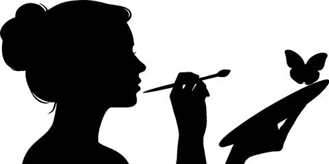 Silhouette of artist holding palette and brush creating butterfly art