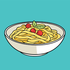 Colorful Cartoon Illustration of Pasta in a Bowl with Toppings