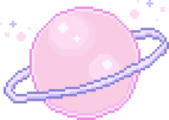 Fototapeta premium 8-bit art is showing pink planet with tilted lavender ring plus pixel stars, transparent background