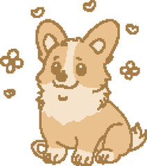 Pixel art corgi dog is sitting upright facing forward with white sparkles, transparent background