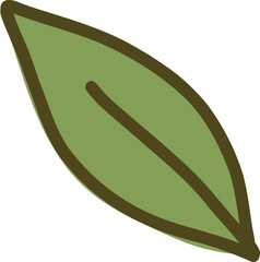 Flat design is featuring green leaf with brown outline and central vein on transparent background