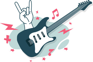 Flat design is showing guitar with rock gesture and musical notes on transparent background
