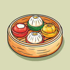 Colorful Steamed Buns in Bamboo Steamer Basket