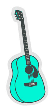 Flat design turquoise acoustic guitar is floating on transparent background showing sound hole