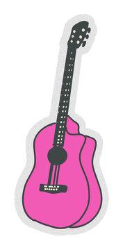 Stylized pink acoustic guitar is sitting on transparent bg, six strings, tuning pegs, bridge