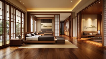 Fototapeta premium A spacious Japanese-style bedroom featuring an open layout, with natural wood floors and simple, elegant furnishings that embody minimalist aesthetics