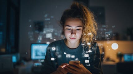Young Woman Using Smartphone at Night, Illuminated by Digital Interface
