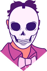Skull bust is showing purple hair, magenta shirt, pink bow tie in vector on transparent background